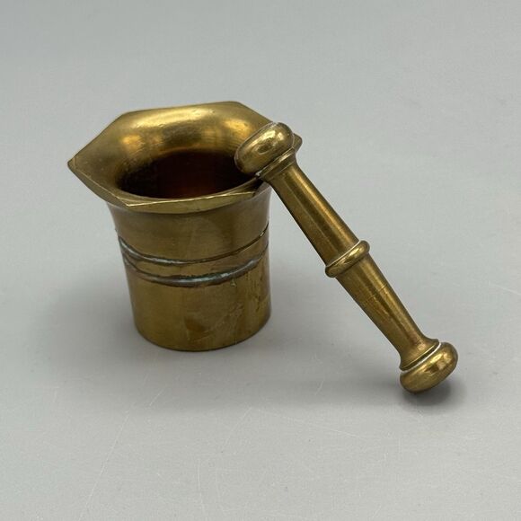 Vtg Solid Brass Mortar and Pestle Set Hexagon Top Shape Apothecary 1.5" T - Picture 3 of 9